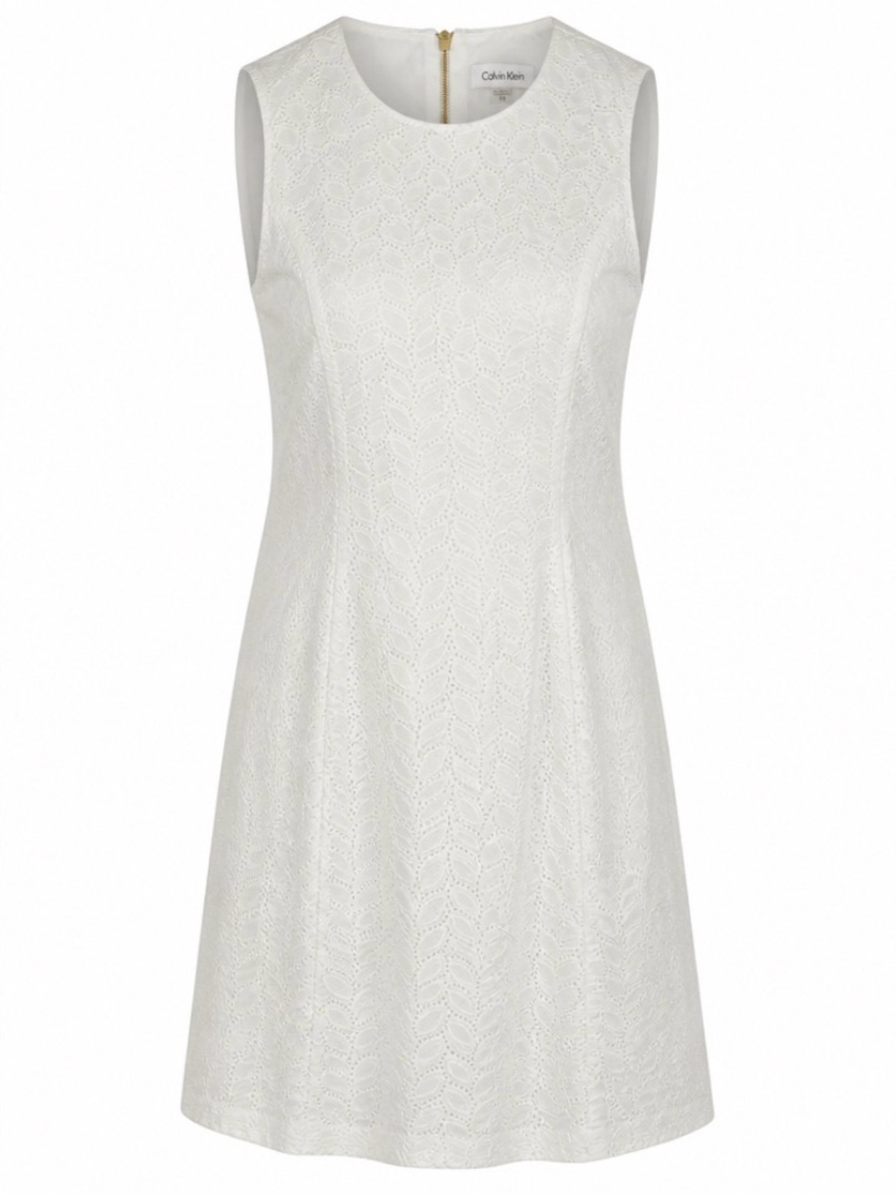 Calvin Klein White Sleeveless Sheath Dress with Exposed Gold Zipper